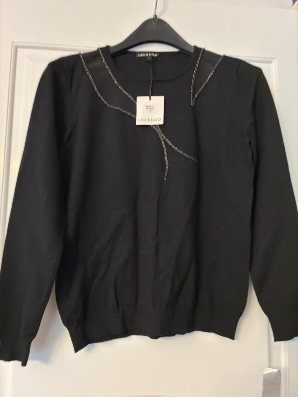 Black Crewneck Sweater with Metallic Detail